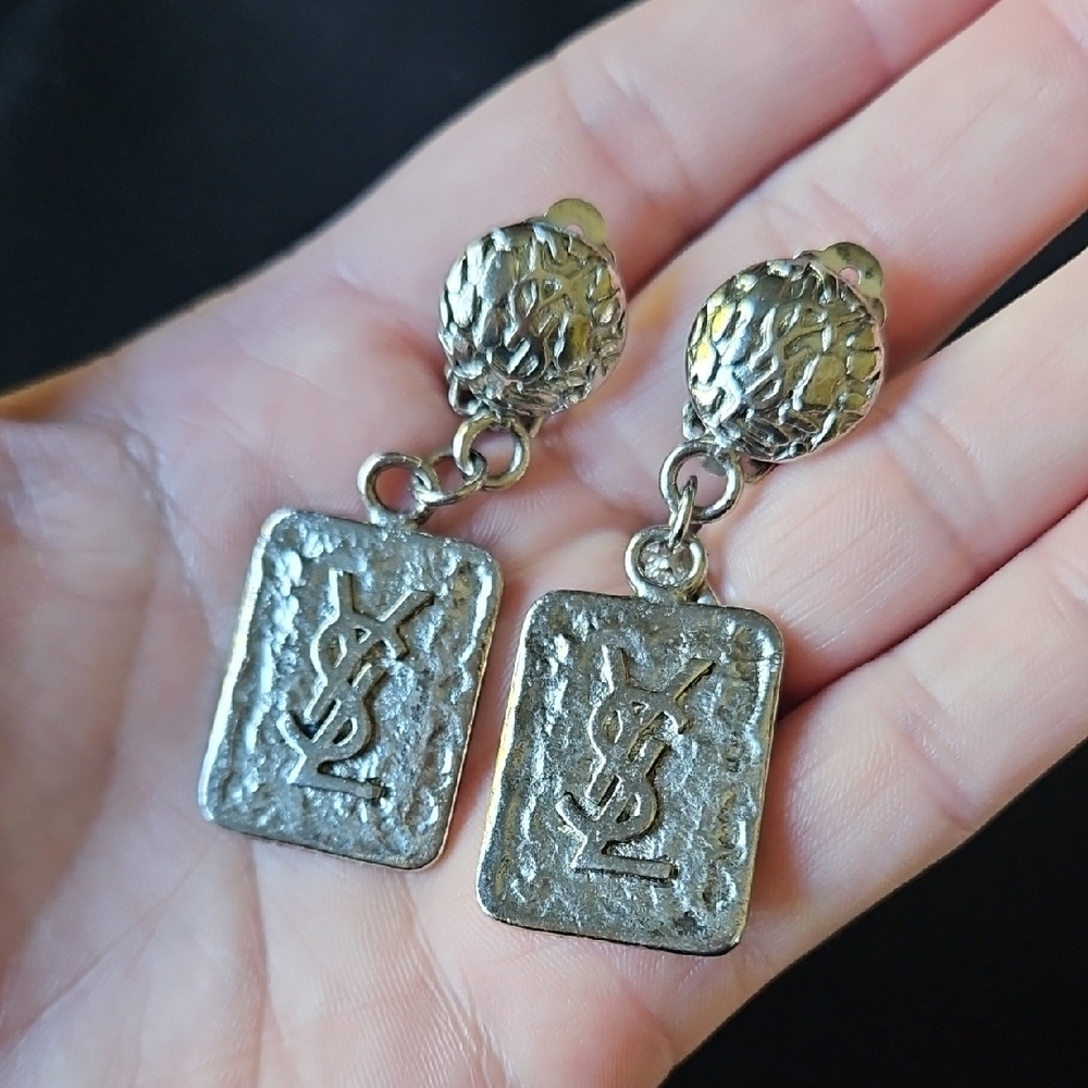 YSL Logo Vintage Silver Drop Clip Earrings